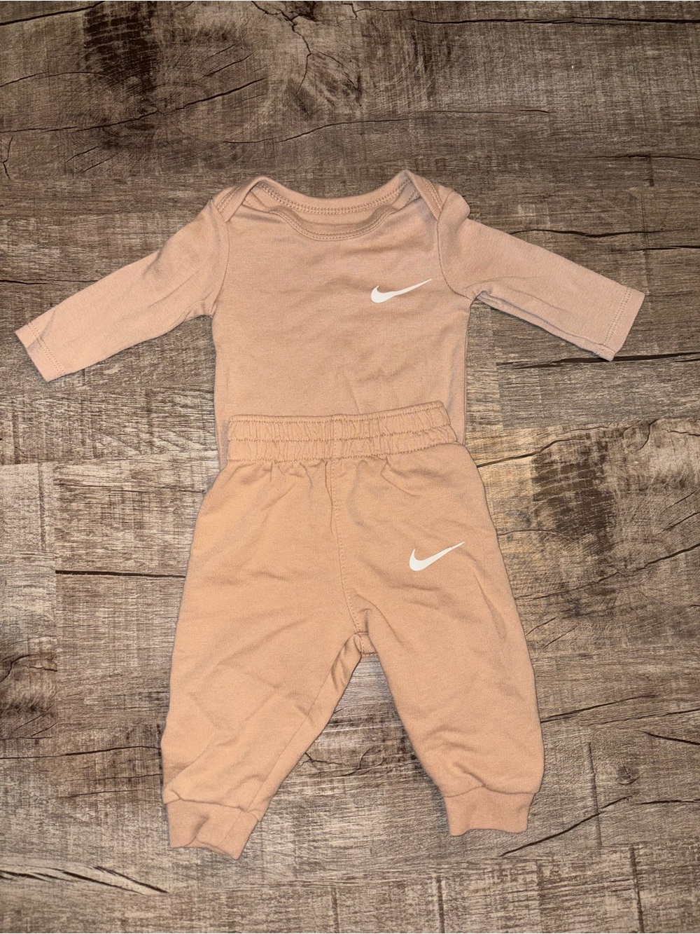 Nike Infant Long-Sleeve One-Piece and Pants Set in Light Tan